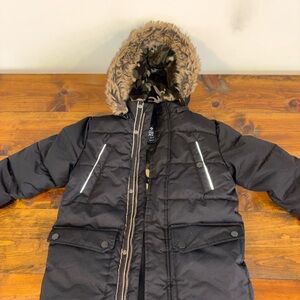 Black Kids Winter Jacket with Faux Fur Hood